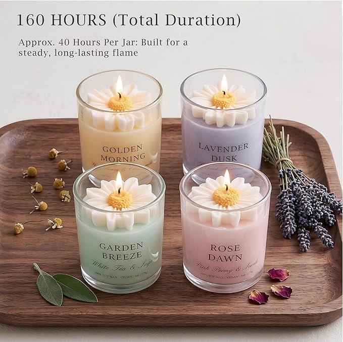 Scented Candles for Women - Aromatherapy Natural Soy Candles 4 Pack, Unique Floral Design, Relaxation Gifts for Mother’s Day, Birthday & Home Decor