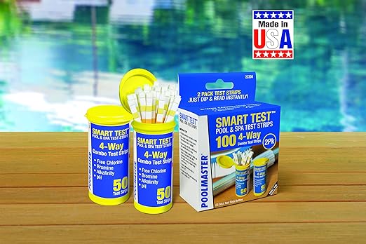 Poolmaster 4-Way Swimming Pool & Spa Test Strips, 100 Count Total, Easy-to-Read Results, Fast, Accurate Chlorine, Bromine, Alkalinity & pH Testing for Pools, Spas & Hot Tubs, Made in the USA