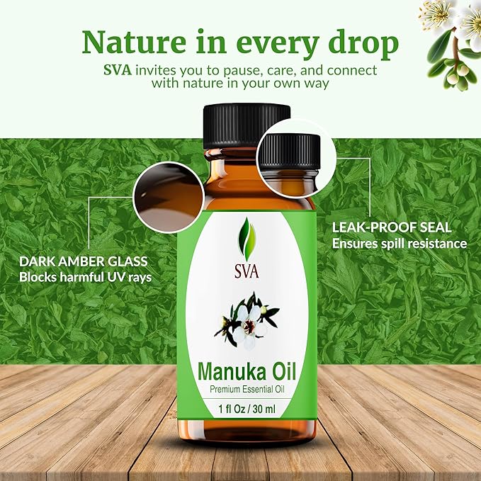 SVA Manuka Essential Oil – 1 Fl Oz – 100% Natural Manuka Oil - for Diffuser, Hair Care, Face, Skin Care, Aromatherapy, Scalp and Body Massage, Soap and Candle Making – with Dropper