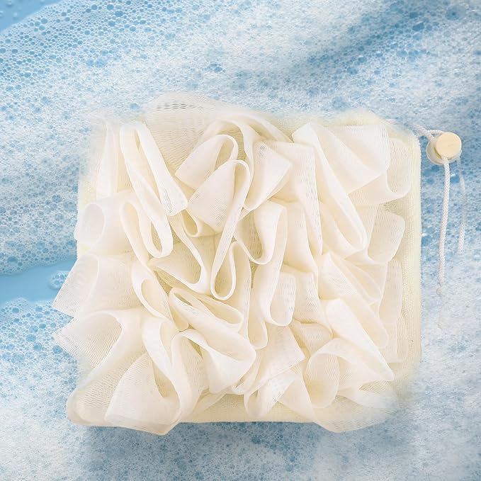 1 Pcs Washcloth Loofah Combo, 2 in 1 Bath Loofah Sponge with Drawstring, Exfoliation Mesh Shower Puff Ball for Body Wash Cleansing and Smooth Skin (Beige)
