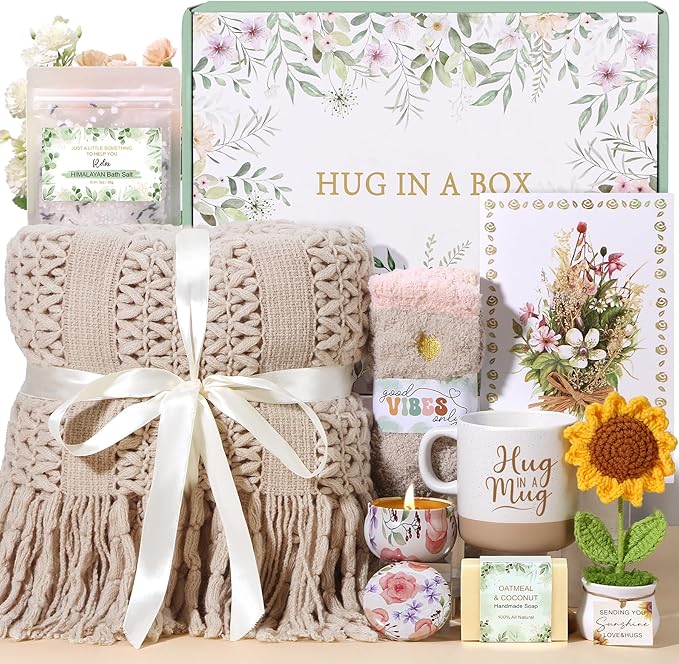 Self Care Gifts for Women Birthday Spa Care Package, Get Well Soon Sympathy Gift Baskets, Inspirational Mothers Day Gifts for Mom Wife Sister Grandma, Thinking of You Hug In A Box Sunflower Gifts