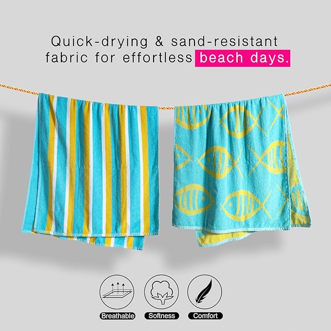 CASA COPENHAGEN Miami Towel 2Pcs Fish Teal - Teal Stripe Designer Stripe Beach Towels Gift Set, 35"x70" Oversized 100% Cotton Pool Bath Towel for Beach Gift Set (Summer Gift Set for Women & Men)