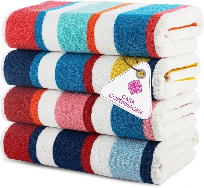 Casa Copenhagen Bora Bora Towels 4Pcs Yellow, Teal, Pink, Red Designer Stripe Beach Towels Gift Set, 30"x 60" Oversized 100% Cotton Pool Towels, Bath Towels for Beach (Summer Gift Set For Women & Men)