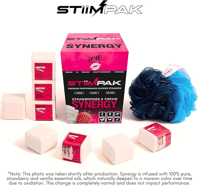Shower Steamers Gift for Women | Vanilla Strawberry Menthol | Calming Relaxation | Synergy | XXL 80g | Relaxing Self Care Aromatherapy for Women | L-Theanine | STiiMPAK (8 Pak + Loofah)