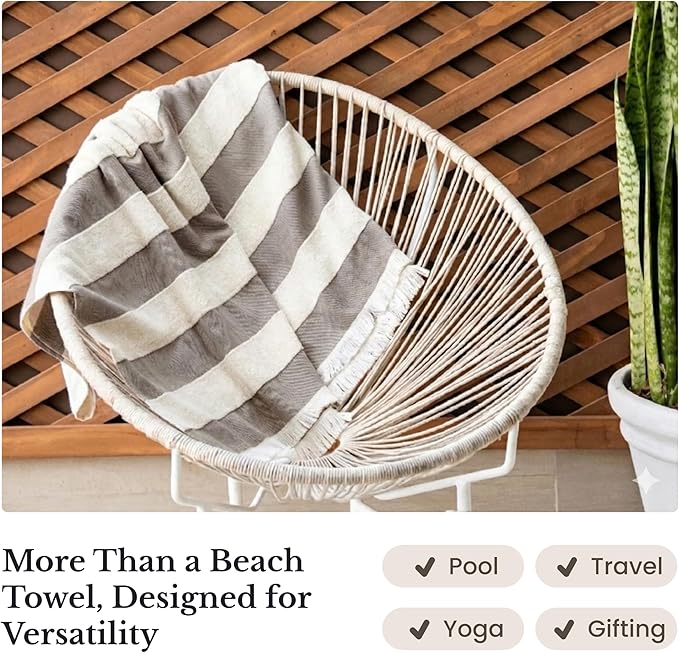 Lightweight Turkish Beach Towel - 100% BCI Cotton, Unbleached Raw Fringe, Oeko-TEX Certified, Absorbent, Eco-Friendly, 36x66”, Brown & Natural Stripes, Portable Sarong Blanket for Pool, Travel