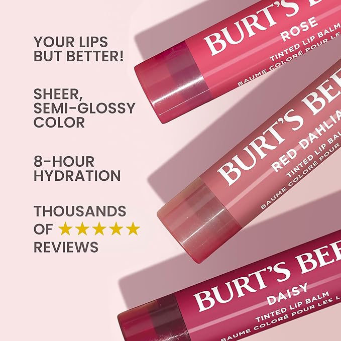 Burt’s Bees Tinted Lip Balm, Mothers Day Gifts, Value Pack Includes 3 Lip Balms: Red Dahlia, Daisy and Rose; 8 Hour Moisture; Nourishing Shea Butter; 100% Natural Origin; 3 Tubes