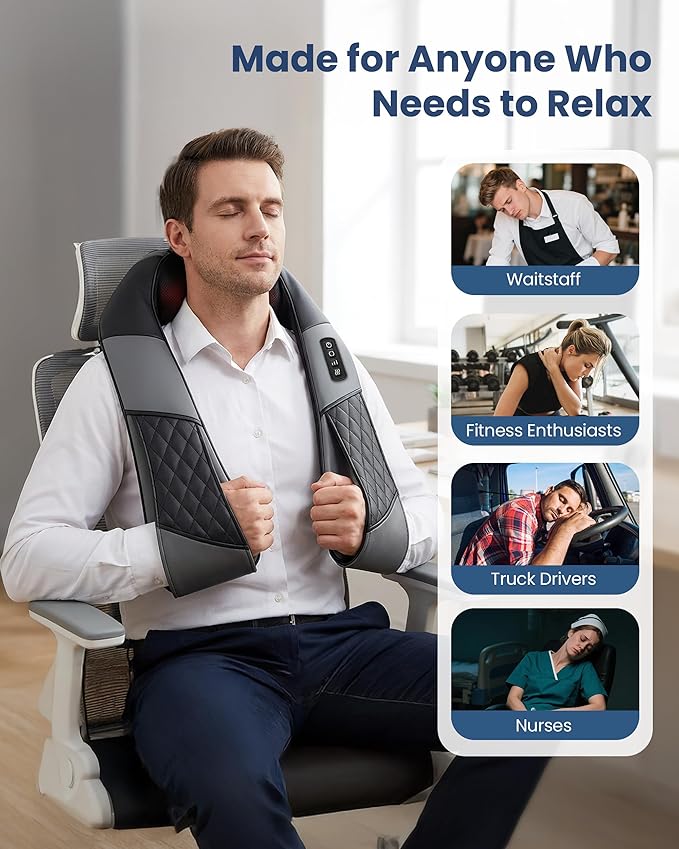 COMFIER Cordless Neck Massager, Shiatsu Shoulder Massager with Heat, 3D Kneading Back Massager Pillow, Mother Day Gift, Black