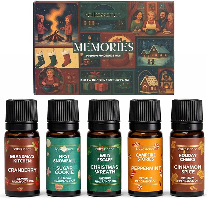 Folkulture Memories Essential Oils Set for Diffuser | Set of 5 Fragrance Oils for Aromatherapy | Gingerbread, Peppermint, Cranberry | Home Fragrance Gift | Home Decor Gifts