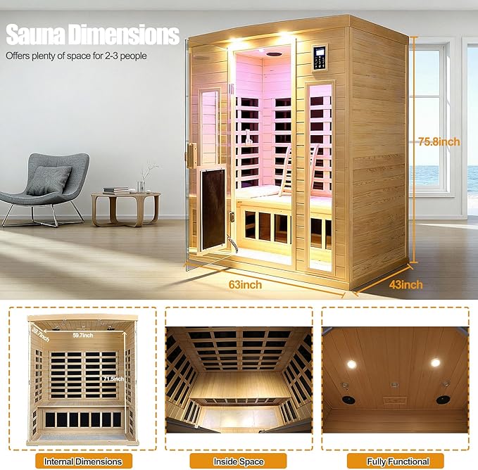 3 Person Infrared Sauna 0-5mG Ultra Low EMF Far Infrared Sauna for Home 2130W/20A Canadian Hemlock Indoor Sauna with Front Door Heating Panel, Chromotherapy Lights