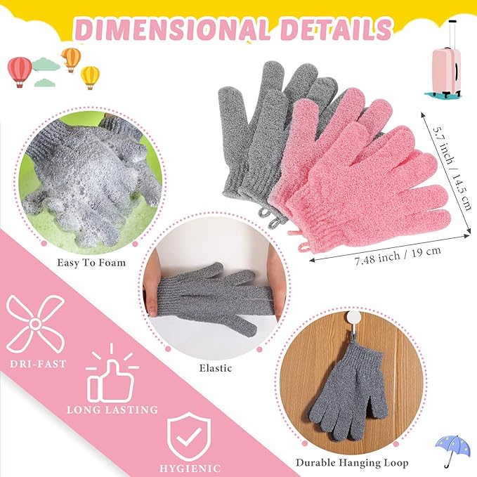 4 Pack Exfoliating Washcloth Back Scrubber Set, 2 Exfoliating Body Scrubber Nylon Back Body Scrub Towel, 2 Pairs Shower Gloves for Women Men Bath Shower Exfoliation(Pink, Gray)