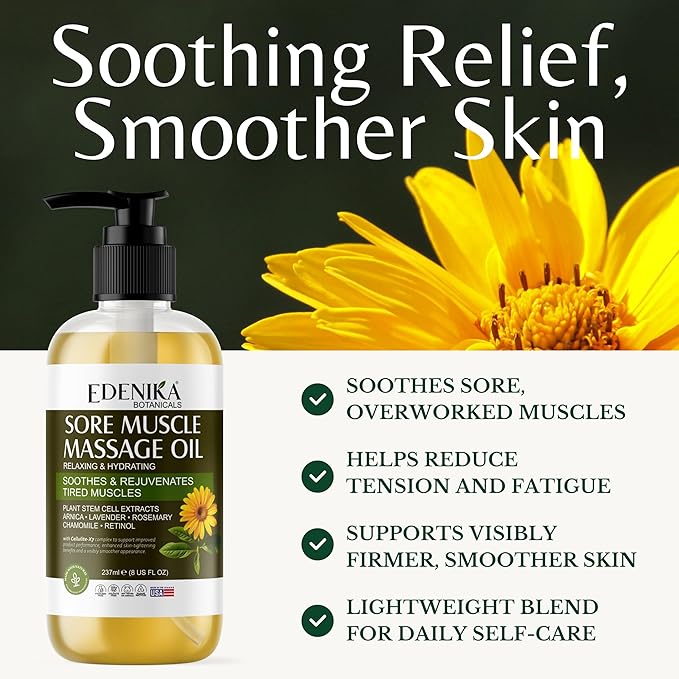Edenika Botanicals Maximum Strength Sore Muscle Massage Oil for Massage Therapy with Pure Arnica, Deep Muscle Tension Relief & Joint Comfort Rub, Enhancing Circulation & Warming, 2-Pack