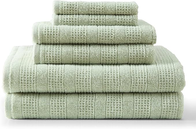 Martha Stewart - Bath Towels, Soft & Absorbent 100% Cotton Towels, Solid 500 GSM, 6-Piece Bathroom Towel Set with Textured Weave (Bedford Cottage Green)