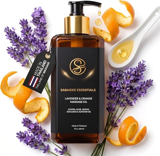Aromatherapy Massage Oil - Lavender Oil & Orange 10 Fl Oz - Thai Body Oil for Massage Therapy with Jojoba, Avocado, Argan, Aloe, Almond - Relaxing Body Care & Self-Care
