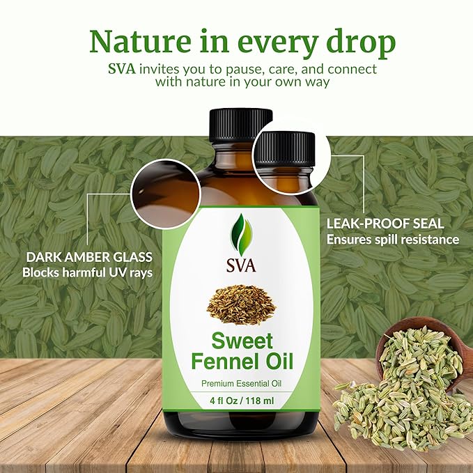 SVA Sweet Fennel Essential Oil – 4 Fl Oz – 100% Natural Fennel Oil - for Diffuser, Hair Care, Face, Skin Care, Aromatherapy, Scalp and Body Massage, Soap and Candle Making – with Dropper