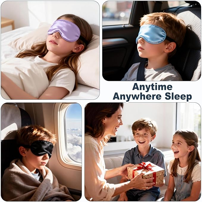 Kids Sleep Mask, Kids Eye Mask for Boys Girls, Kid Silk Eye Masks with Adjustable Strap for Sleeping, 100% Light-Blocking Sleep Eye Cover, Includes Protective Laundry Bag (Blue)