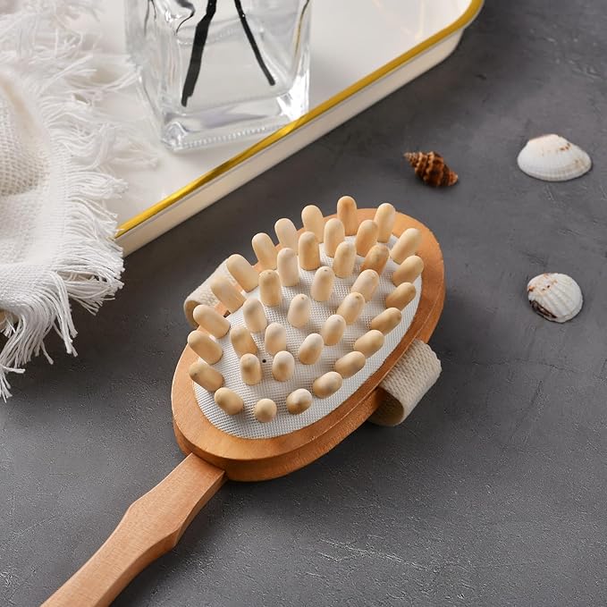 Dry Brushing Body Brush Set – Natural Bristle Spa Exfoliator Kit with Face Cleansing Brush, Long Dry Brushing Body Brush for Lymphatic Drainage & Massaging Cellulite Brush for Smooth, Radiant Skin