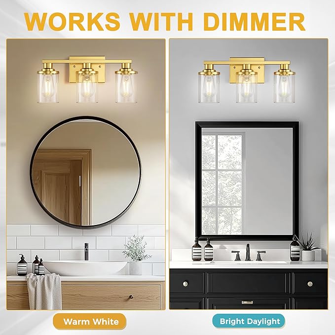 L LOHAS LED 3 Light Bathroom Vanity Light, Gold Bathroom Light Fixtures, Vanity Lights for Mirror Bedroom Hallway