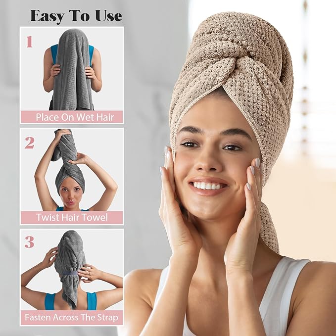 MABAO 2 Pack Microfiber Hair Towel Wrap for Women, Quick Dry Hair Turban Towel with Elastic Band, Microfiber Plopping Towel for Curly Hair, Stocking Stuffers for Women (Gray, Camel)