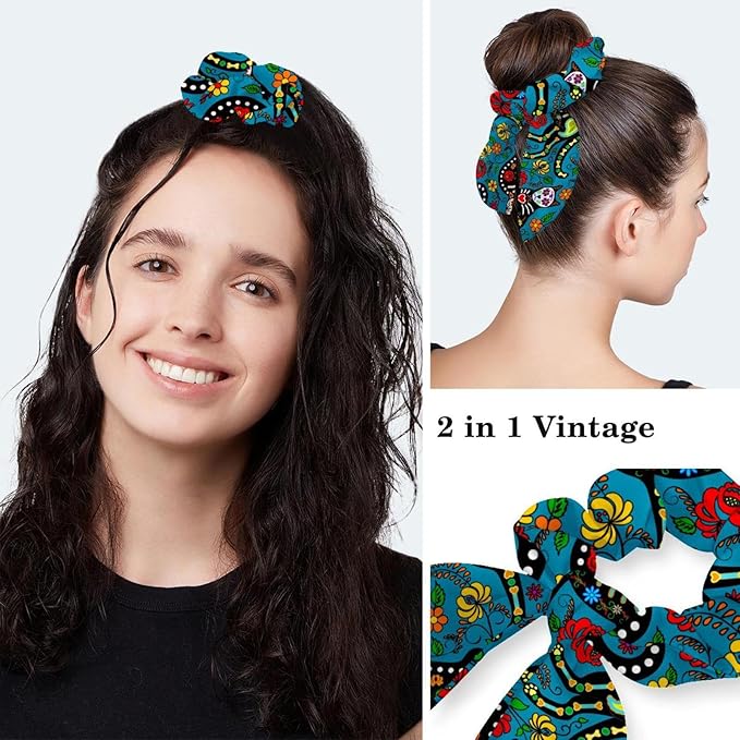 Ethnic Aztec Pattern Adjustable Scrub Cap Hat with Button, Working Hat Sweatband with Bow Hair Scrunchy for Woman