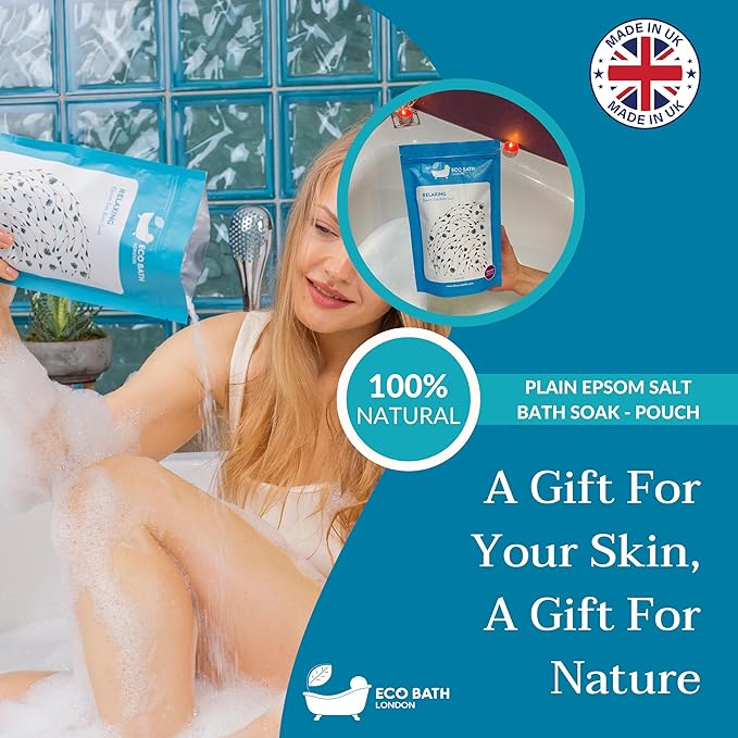 Eco Bath London Relaxing Lavender Epsom Salt Bath Soak - Pouch 2.2 lb (1 kg), Made in UK, Natural Magnesium Bath Salt, Relaxing Spa Bath Soak for Stress Relief, Self Care Gift for Women and Men