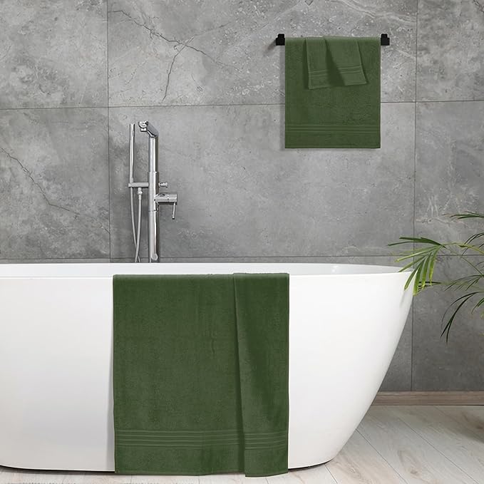 BOUTIQUO Ultra Soft 3 Pack Cotton Towel Set, Contains a Bath Towels 28x55 inch, a Hand Towels 16x24 inch & a Wash Coths 12x12 inch, Ideal Everyday use, Compact & Lightweight - Olive Green