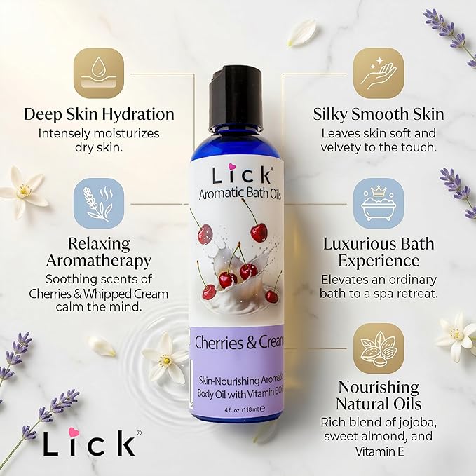Lick Cherries and Whipped Cream Aromatic Bath Oil - Dessert Aromas Collection - Lightweight Soaking Oils for Relaxation, 4 oz