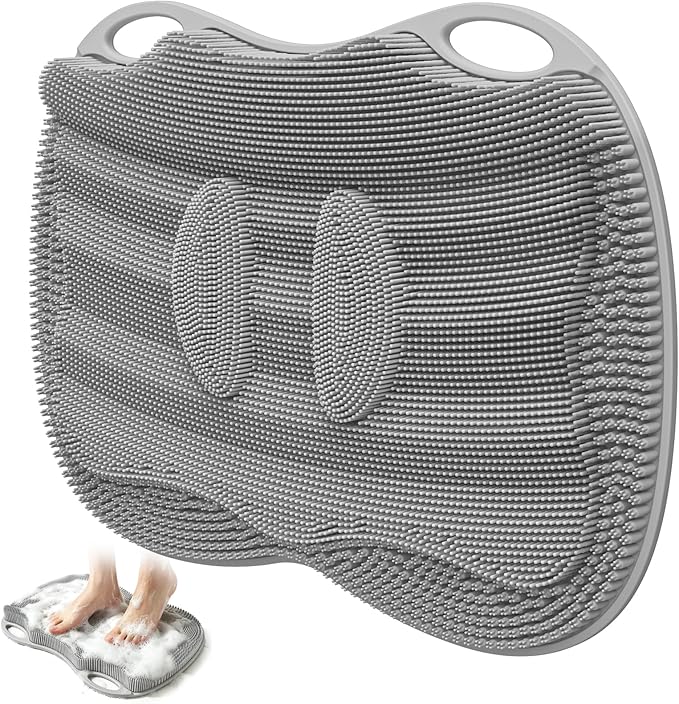 Shower Foot Scrubber Mat XL, Silicone Feet Toes Massage Cleaner -Upgraded Long Brush Pad Without Bending Non-Slip Suction Cups for Foot Bath Bathtub Exfoliate Smooth Skin 17.4x13 Grey