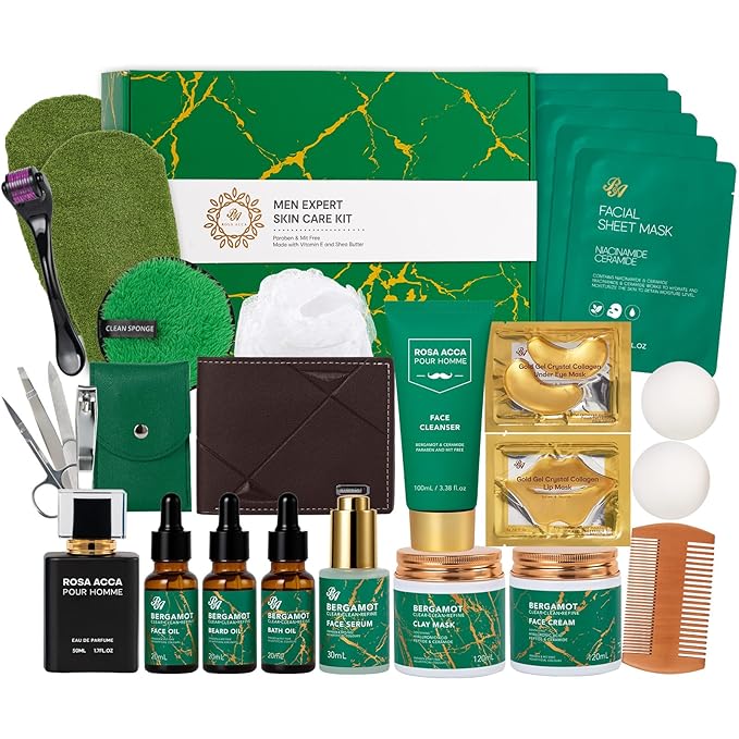 30 pcs Father's Day Gifts, Bergamot Facial Skin Care Set Gifts for Men, Beard Grooming Kit, Bath & Body Gift Basket Set, Self-Care Gift, Face Cleanser, Birthday, Christmas, Anniversary, Husband, Dad
