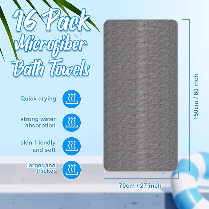 SmoothNovelty 16 Pack Microfiber Bath Towels Bulk 27'' x 60'' Oversized Size Bath Towel Highly Absorbent Extra Large Soft Drying for Beach Shower Summer Salon Sport Gym Party (Wheat,Gray)