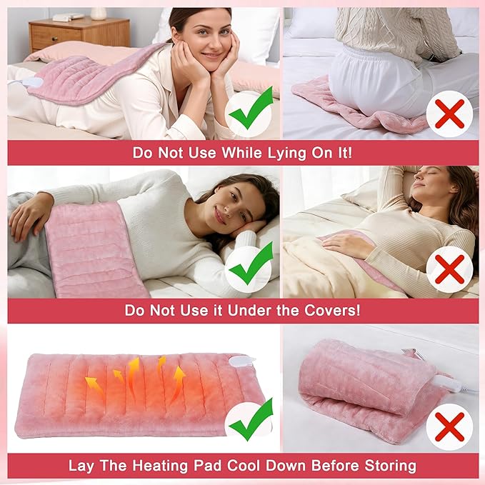 UTK XL Heating Pad for Back, Electric Heat Pad for Period Cramps Pain Relief, Soft Thicken Flannel Fabric Machine Washable, Birthday Gifts for Women Mom, 6 Heat Settings & Auto-Off, 12" x 24"(Pink)