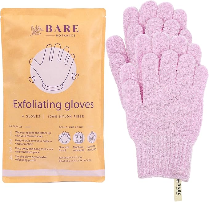 Bare Botanics 4 Pack Lavender Exfoliating Shower Gloves - 100% Nylon Fibers for Gentle Exfoliation - for Both Wet or Dry Exfoliation - Machine Washable - Vegan & Cruelty-Free
