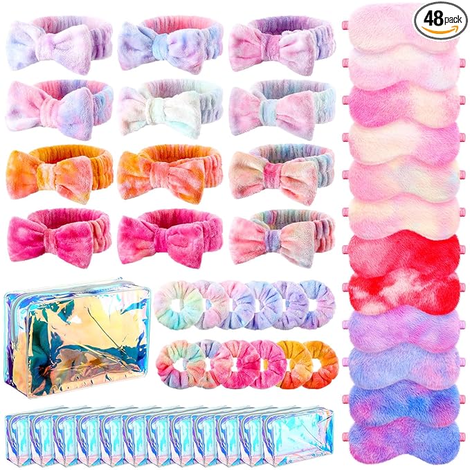 Kajaia 48 Pcs Spa Party Supplies for Girls Spa Party Favor Sleepover Slumber Supplies for Women Headband Eye Mask Hair Scrunchies Toiletry Bag(Colorful,Cute)