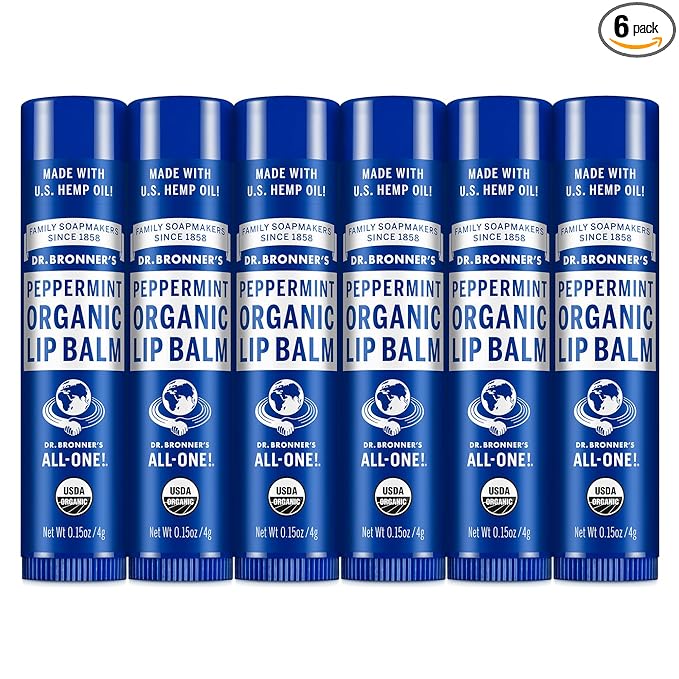 Dr. Bronner's - Organic Lip Balm (Peppermint, .15 ounce, 6-Pack) - Made with Organic Beeswax and Avocado Oil, For Dry Lips, Hands, Chin or Cheeks, Jojoba Oil for Added Moisture, Cooling and Hydrating