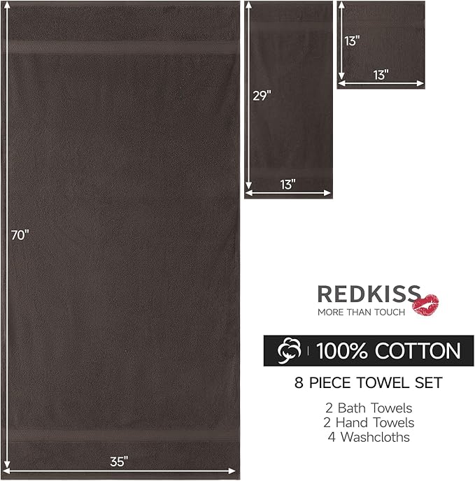 REDKISS Towels 8 Piece Luxury Bath Towel Set, 2 Bath Sheets (35x70 in), 2 Hand Towels, 4 Washcloths, 100% Cotton Super Absorbent & Quick-Dry Shower Towels for Bathroom Spa Gym Hotel Yoga - Brown