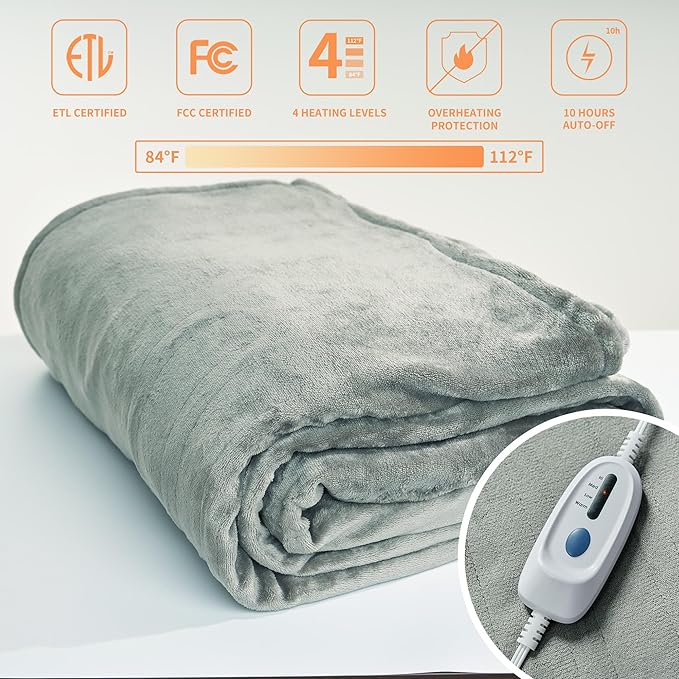 JET'S HOME Heated Blanket Twin 62"x84" - ETL&FCC Certified Flannel Electric Blanket Throw Machine Washable Heating Blanket with 4 Heating Levels 10 Hours Auto-Off Overheating Protection (Grey)
