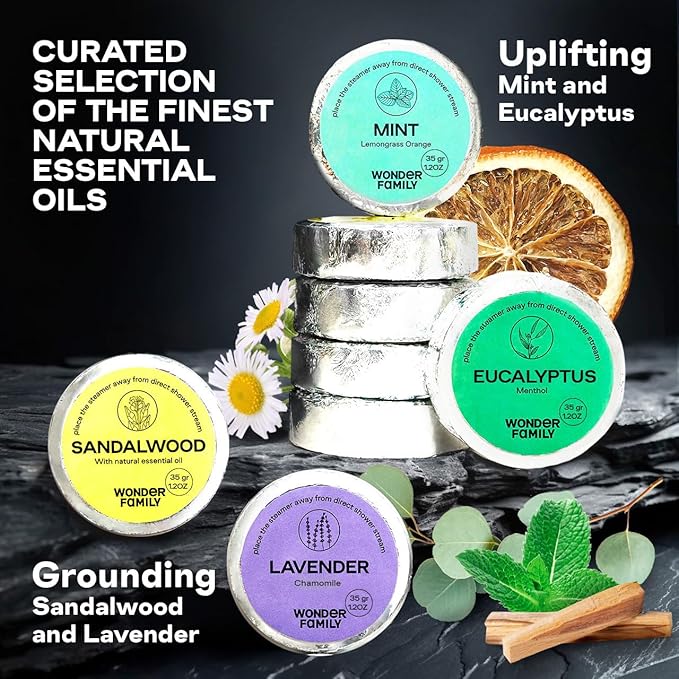 Aromatherapy Shower Steamers Gift Set – Mint, Eucalyptus, Sandalwood, Lavender – Essential Oil Vapor Shower Tablets, Individually Wrapped Melts, Spa Presents for Women & Men - Valentines Day Gifts