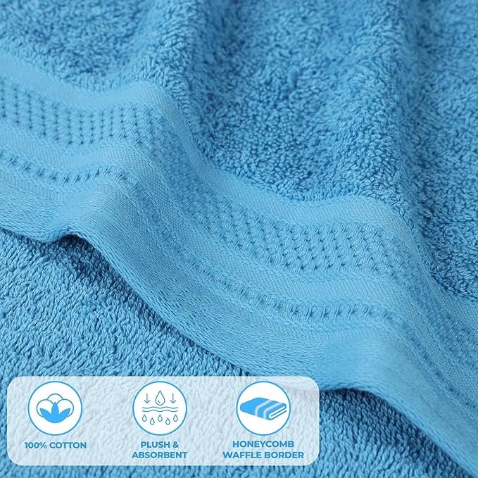Superior Honeycomb Cotton Medium Weight Towels, for Guest Bath, Master Bathroom, Shower, Kitchen, Quick Dry, Adults, Essentials, Textured Waffle Border, Towel Set, Hand Towels, Set of 6, Azure