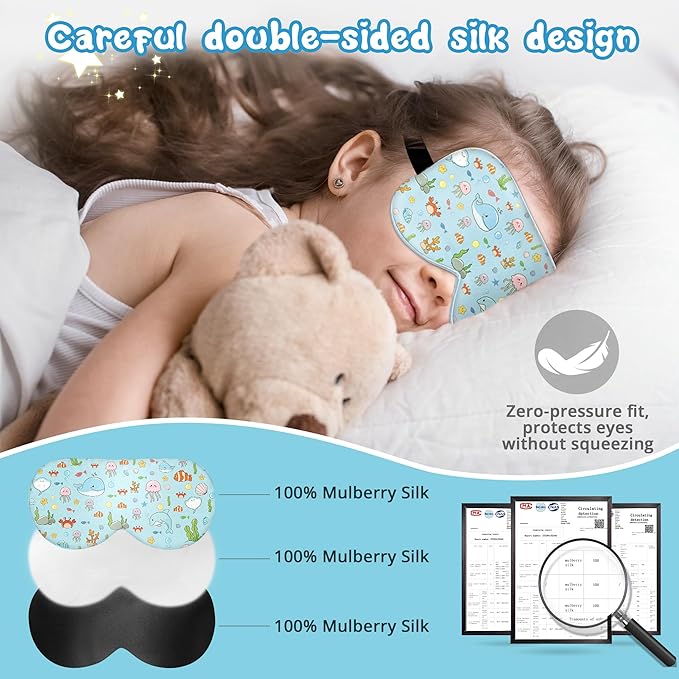 Kids Sleep Mask Eye Cover: 100% Real Natural Pure Silk Eye Mask with Adjustable Strap, Funny Blindfold Kids Eye Mask for Sleeping, Soft & Lightweight Eye Shade for Boys Girls Teens (Ocean Style)