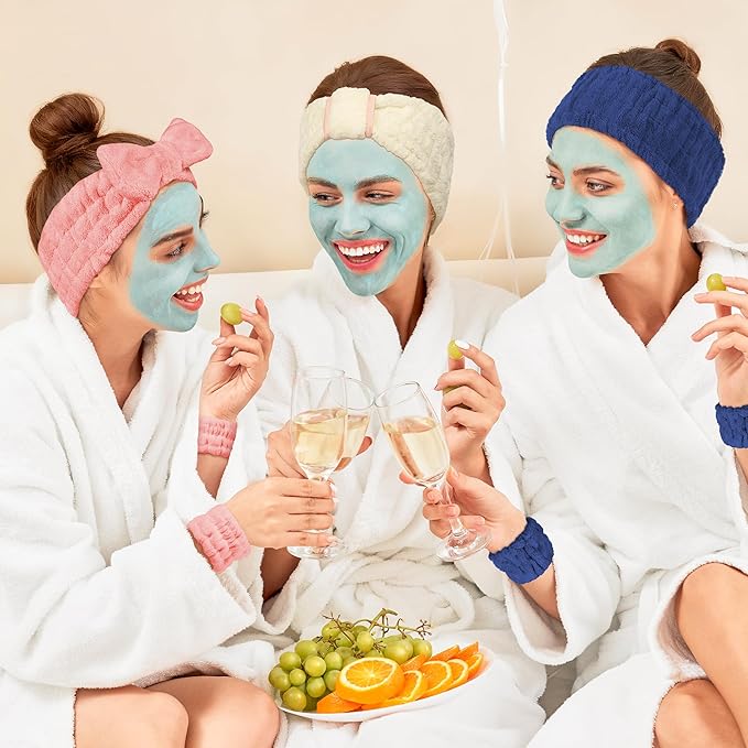 DiyJibb 9 Pcs Spa Headband for Washing Face,Skincare Headband and Wristband Set,Women Teen Girls Facial Hairbands for Washing Face, Makeup, Sports, Yoga (beige + dark pink + navy)