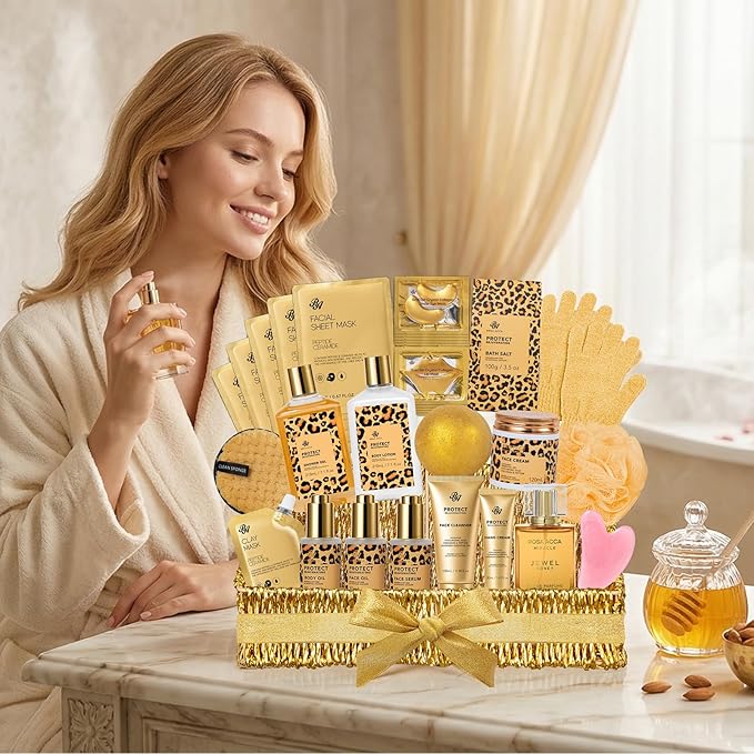 32 Pcs Mother's Day Gift for Mom, Honey & Almond Bath & Body Gift Basket for Women, Hydrating Face Skin Care Set, Self-Care Home Spa Basket Gift Set, Birthday, Christmas, Anniversary