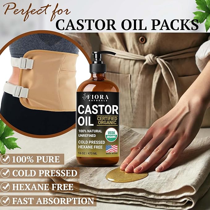 Organic Castor Oil in Glass Bottle – 16 Oz Cold Pressed & Hexane-Free – USDA Certified – Skin Moisturizer, Hair Growth Oil For Lashes, Brows, Skin & Scalp – with Pump
