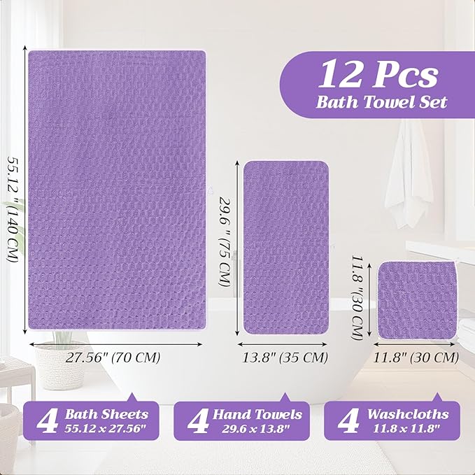 Gilprop 12 Pcs Soft Bath Towels Set for Bathroom Quick Dry, 4 Bath Sheets 4 Hand Towels 4 Washcloth Absorbent Microfiber Fluffy Shower Washcloth for Spa Gym Hotel Travel(Fresh Color)