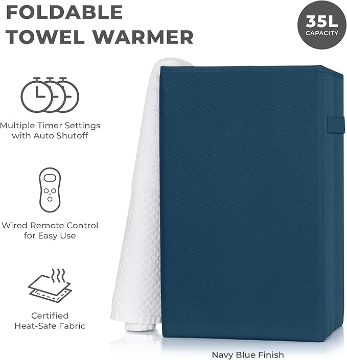 Zadro Foldable Towel Warmer, Folding Heat-Resistant Fabric, XLarge 35 Liter Capacity, Dual Even-Surround Heat Modes, Collapsible Space-Saving Design (Navy Blue, 35L - 19.5"x12"x12")