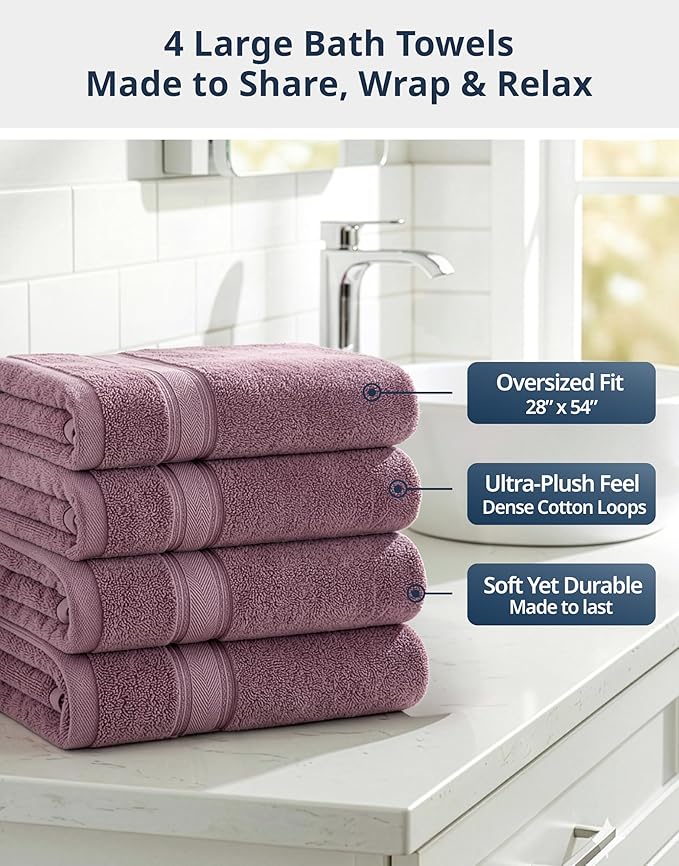 LANE LINEN 100% Cotton Large Bath Towels Set of 4 (28"x54") - Zero Twist, Mercerized Cotton Bathroom Towel 4 Pack - Quick Dry, Soft & Absorbent Large Towels Set - Oeko Tex Certified - Wishful Mauve
