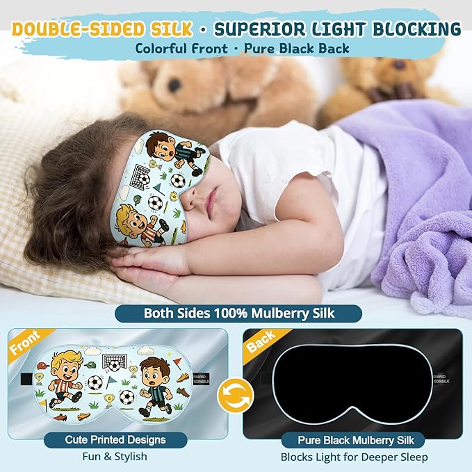 Kids Sleep Mask – 100% Mulberry Silk Eye Mask with Adjustable Strap, Soft Light Blocking Sleeping Mask for Children, Cute Printed Eye Cover for Boys Girls Ages 5-15 (Soccer Style)
