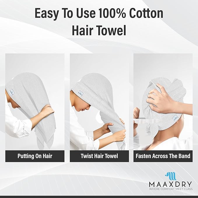 100% Cotton Hair Towel Wrap for Women, Men & Kids – Non-Microfiber 450 GSM Thick Super Absorbent Hair Towel 26x40 Inches, Secure Elastic Hair Wrap for Long & Curly Hair (White)