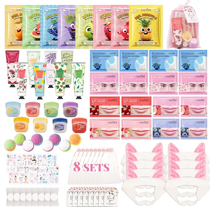 90PCS Spa Party Supplies for Girls, Sleepover Party Supplies for Girls, Skincare Set, Include Sleepover Party Temporary Tattoos, Face & Lip Mask, Foot Bath Bombs, Hand Cream, Spa Party Favors