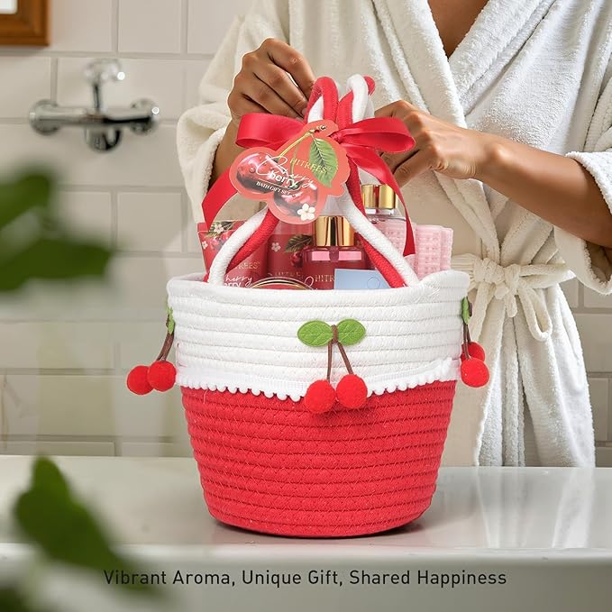 Spa Gifts for Women, Cherry & Berry Spa Gift Set for Teenage Tote Bag, Shower Gel, Hand & Body Lotion, Hitrees Birthday for Best Friend Woman, Mom, Mothers Day,Christmas Gift for Women