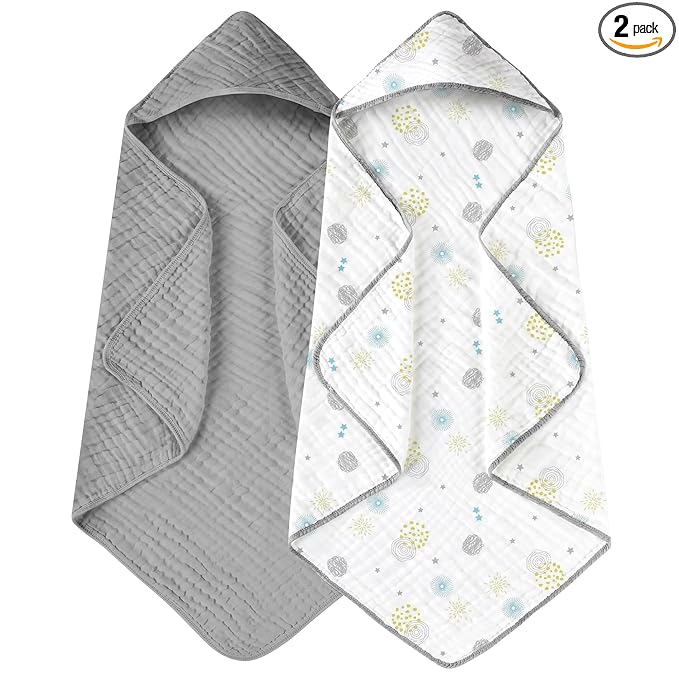 Yoofoss Hooded Baby Towels for Newborn 2 Pack 100% Muslin Organic Cotton Baby Bath Towel with Hood for Babies, Infant, Toddler and Kids, 32x32Inch, Soft and Absorbent Newborn Essential,Grey Flower