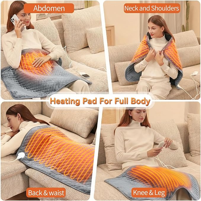 King Size Heating Pad for Back 32"x24" Extra Large Electric Heating Pad for Body Neck Shoulder Auto Shut Off Heat Pad Temperature Settings Machine Washable Gray